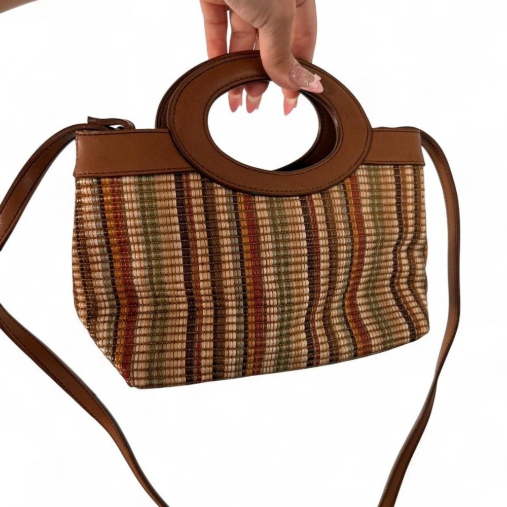 Fossil brown + tan striped handbag with‎ funky handle and strap